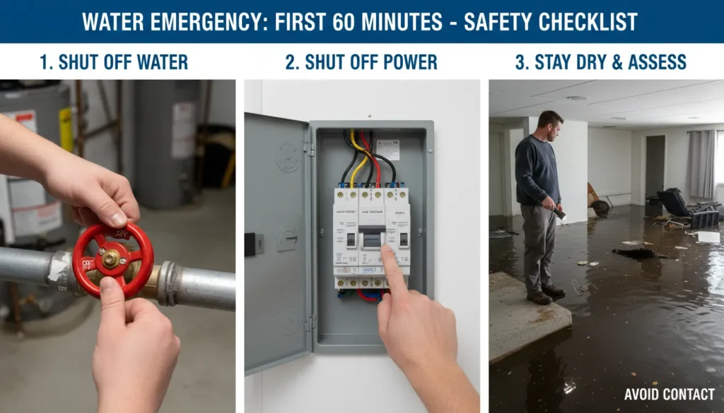 A step-by-step visual guide showing a person safely turning off a main water shut-off valve and a circuit breaker, followed by keeping a safe distance from contaminated floodwater.