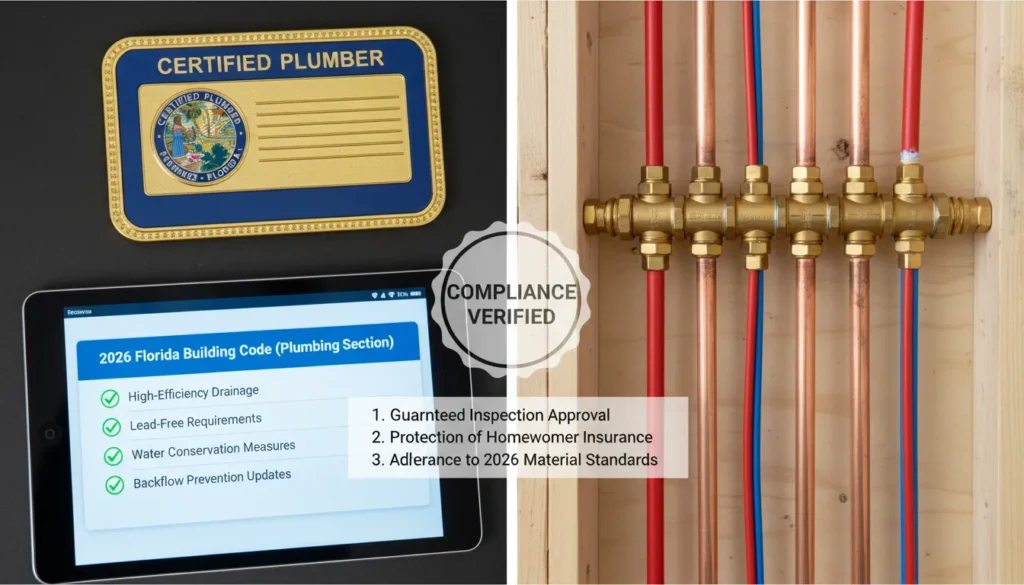 A side-by-side comparison showing a licensed plumber reviewing 2026 Florida Building Code blueprints on a tablet next to a high-quality residential pipe installation, ensuring legal compliance and safety standards.