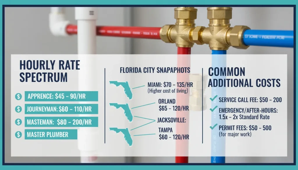 A comparative infographic showing average hourly rates for local plumbers in Florida for 2026, ranging from $45 for apprentices to $200 for master plumbers across major cities like Miami, Orlando, and Tampa.