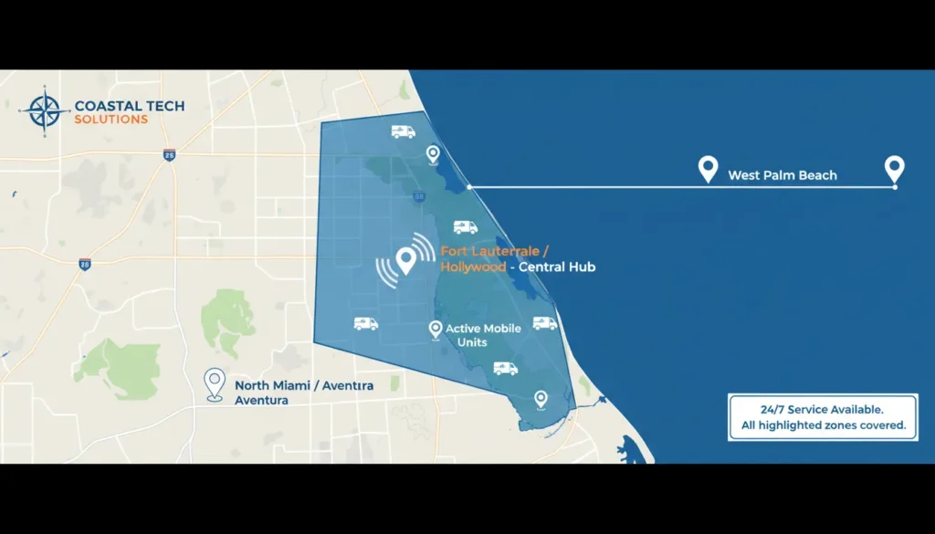A detailed service area map highlighting the Fort Lauderdale Metropolitan region, spanning from North Miami and Aventura up to West Palm Beach, showcasing local coverage zones.