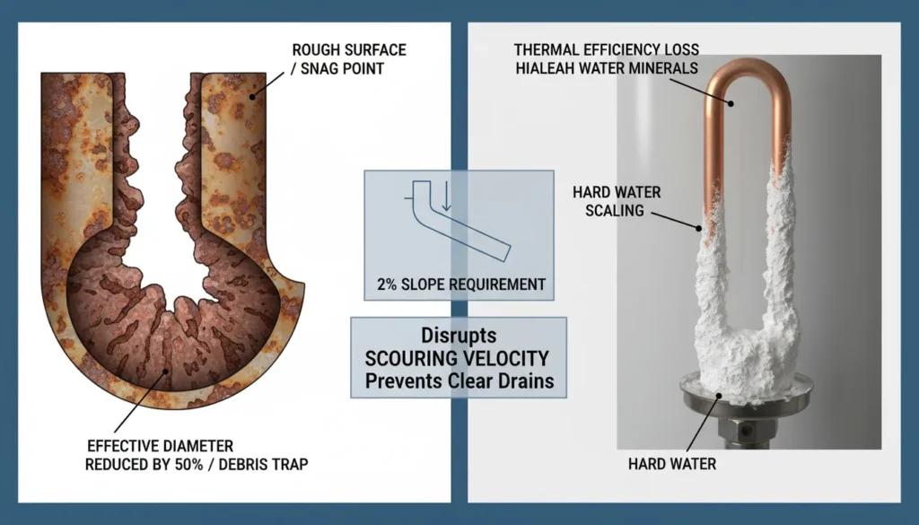 Cross-section comparison of a corroded Hialeah cast iron sewer pipe with tuberculation versus a copper pipe with hard water calcium scale buildup.
