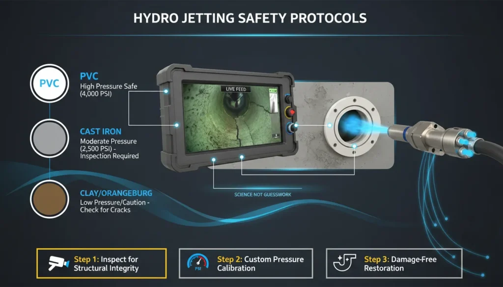 A professional plumber performing a CCTV camera inspection on a sewer line to check for structural damage in clay and cast iron pipes before starting a high-pressure hydro jetting service.