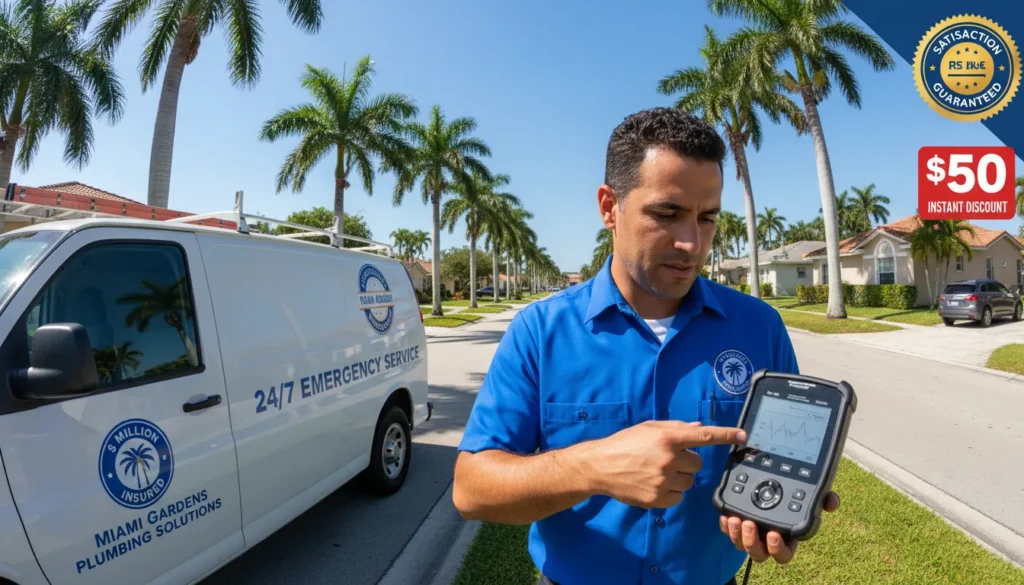 A professional licensed plumber in Miami Gardens standing by a fully equipped service van, showcasing HD leak detection equipment and proof of state certification.