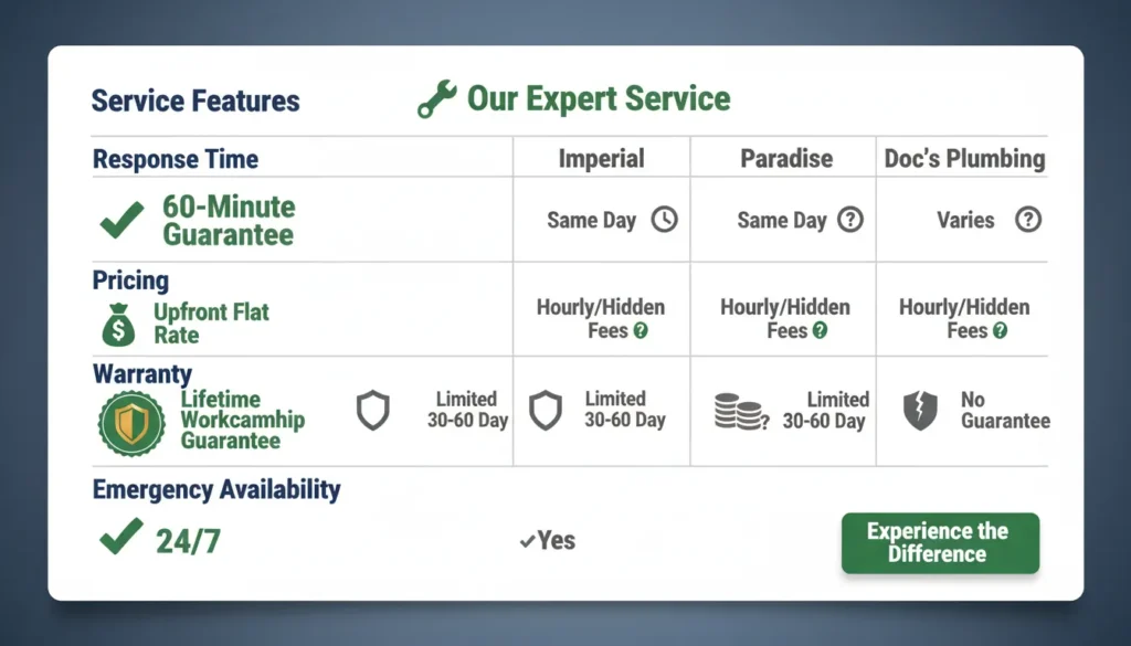 A detailed comparison table showing the service benefits of our expert plumbing team versus Imperial, Paradise, and Doc’s Plumbing, highlighting response times, pricing transparency, and warranty coverage.
