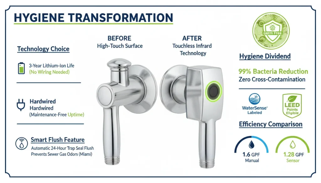 A side-by-side comparison of a manual handle toilet valve being replaced with a touchless infrared sensor flushometer, featuring a 'Zero-Touch' hygiene seal and a WaterSense 1.28 GPF efficiency label.