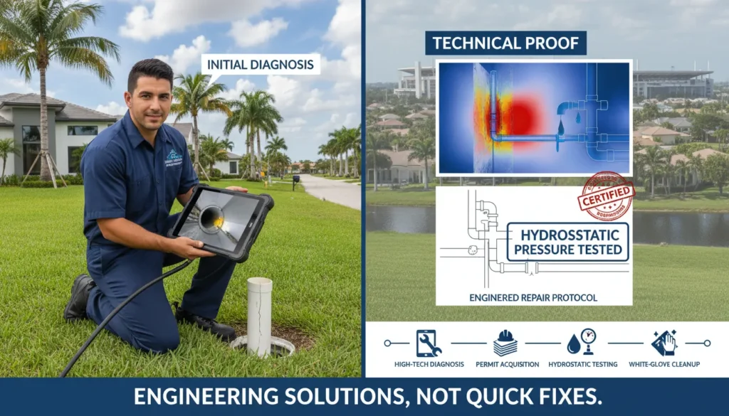 A professional State-Certified plumber using HD thermal imaging and fiber-optic cameras to inspect a residential piping system in Miami Gardens, ensuring 100% Miami-Dade code compliance.