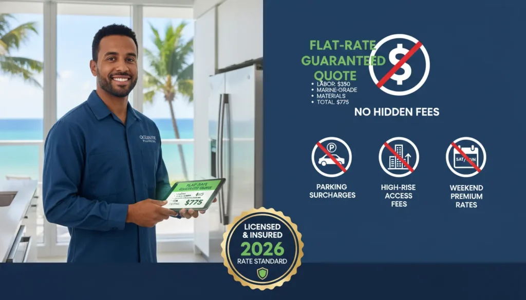 A professional plumber in Miami Beach showing a digital tablet with a clear, itemized price estimate to a homeowner, representing transparent pricing without hidden coastal fees.