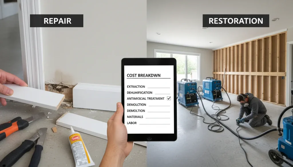 A side-by-side visual comparison of minor water repair versus full-scale structural restoration, including cost factors like moisture mapping and industrial drying equipment.