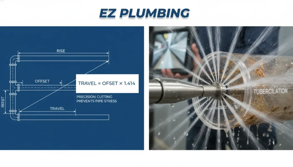A professional plumber in Hialeah calculating a 45-degree pipe offset using the 1.414 rule near Hialeah Park, with a hydro-jetting machine prepared for high-pressure sewer cleaning.