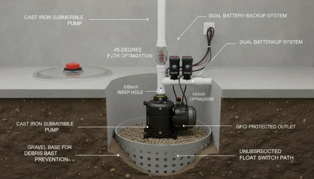 A detailed cross-section view of a professionally installed submersible sump pump in a concrete basin, featuring a clear discharge pipe with a check valve, a secure float switch, and a battery backup system for flood prevention.