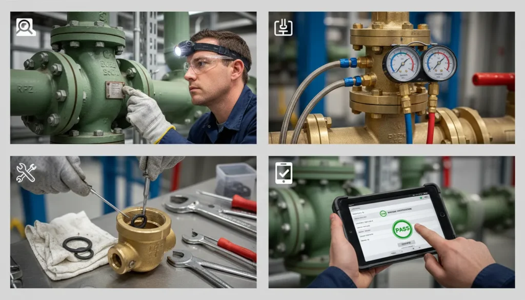 A certified plumber connecting calibrated differential pressure gauges to a commercial backflow preventer to verify compliance and safety.