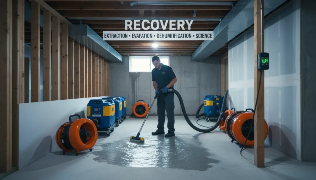 A professional water restoration setup in a flooded basement showing high-capacity water extraction hoses alongside industrial LGR dehumidifiers and air movers used for deep structural drying.