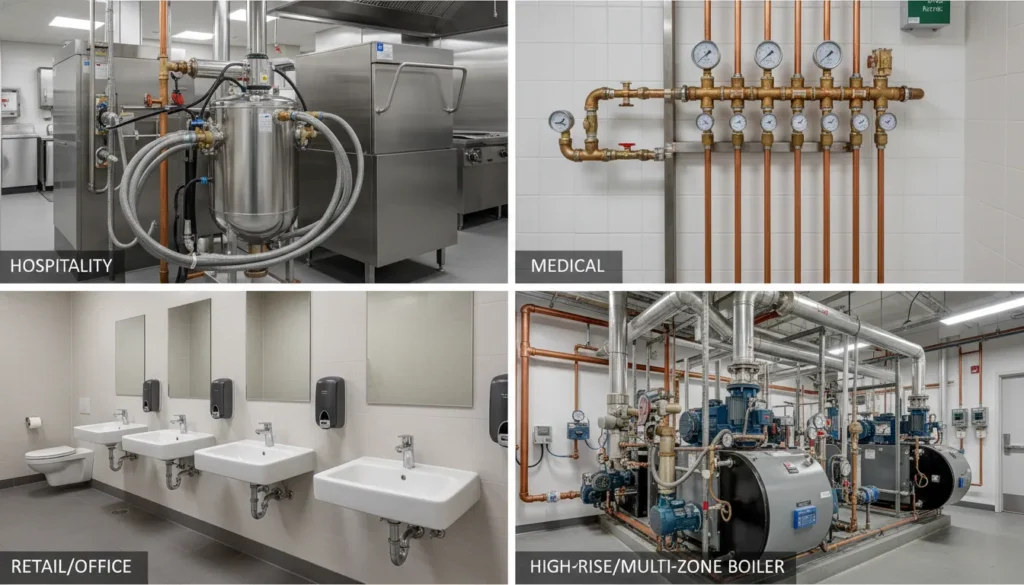 A multi-pane visual showcasing specialized plumbing setups: a commercial kitchen grease trap, a medical-grade oxygen piping system, and an ADA-compliant office restroom facility.
