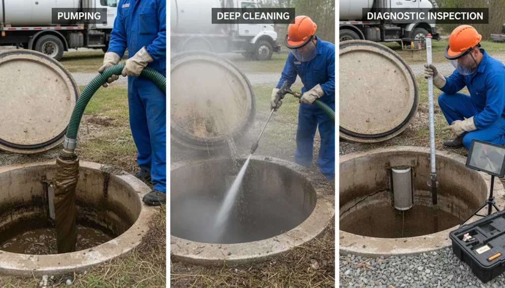 A three-panel educational infographic comparing a vacuum truck pumping sludge from a septic tank, a high-pressure water jet cleaning tank walls, and a technician using a camera to inspect septic baffles and structural integrity.