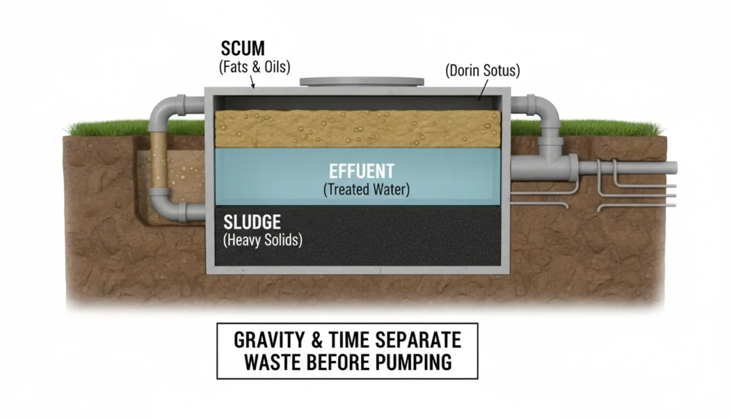 A detailed cross-section diagram of a concrete septic tank showing the three distinct layers: floating scum at the top, clear effluent in the middle, and settled sludge at the bottom.