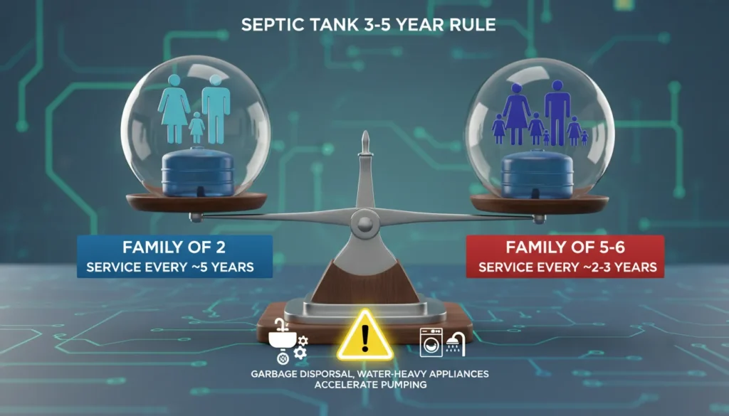 A professional infographic chart showing septic tank pumping frequency based on household size and a 1,000-gallon tank capacity, comparing a family of 2 versus a larger family of 6.