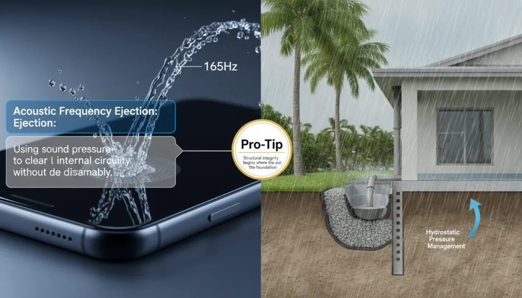 Side-by-side visual guide showing acoustic water ejection from a smartphone speaker and industrial hydrostatic dewatering for residential land runoff.