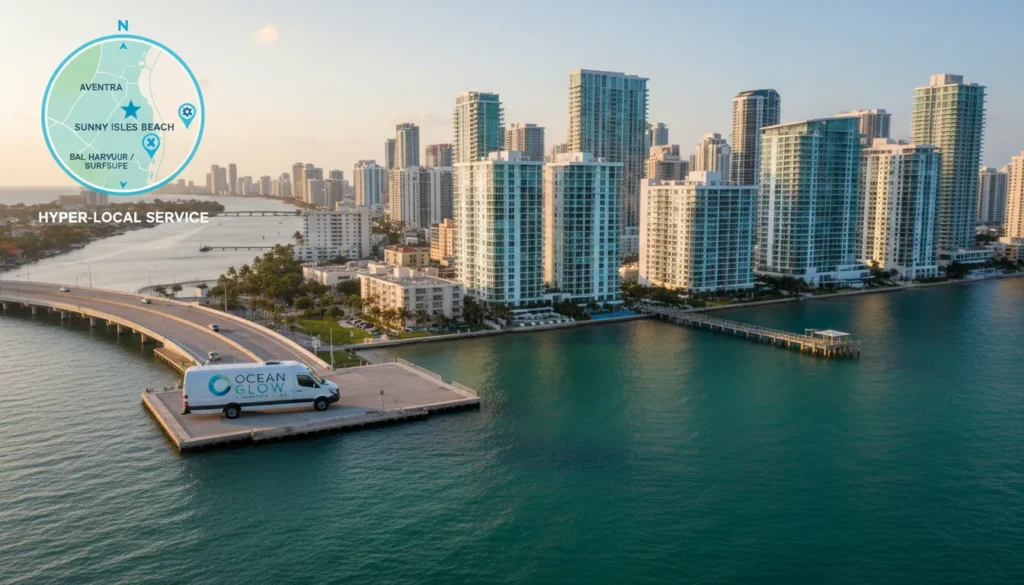 A professional service vehicle parked near the Lehman Causeway with the Sunny Isles Beach high-rise skyline in the background, representing hyper-local plumbing coverage in Coastal Miami-Dade.