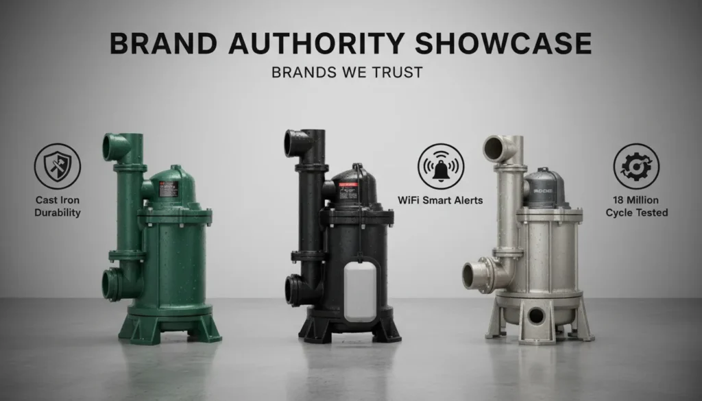 A side-by-side display of high-performance Zoeller, Wayne, and Ridgid submersible sump pumps, highlighting cast iron construction and professional float switch designs.