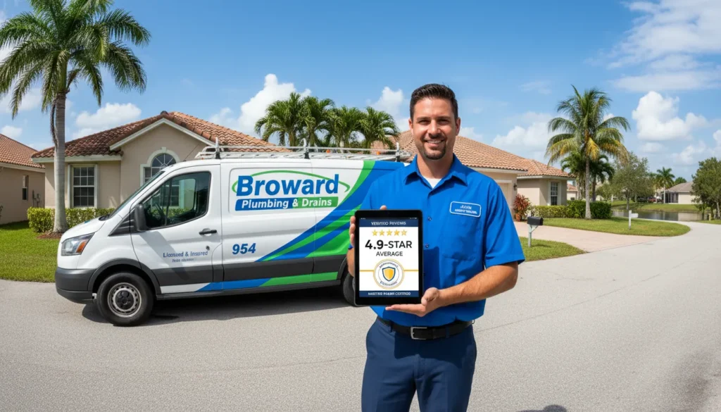 A professional Broward County plumber in a clean uniform standing next to a marked service van, showing a digital tablet with a 5-star rating and a local Florida business license.