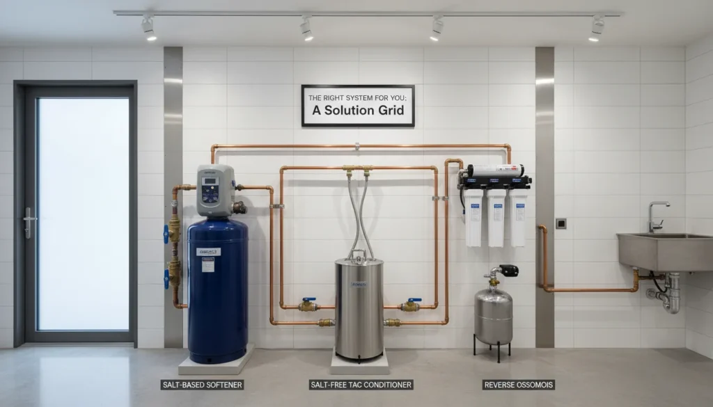 A side-by-side display of high-performance water treatment systems including a salt-based ion-exchange softener, a salt-free conditioner, and a multi-stage reverse osmosis unit with professional plumbing.
