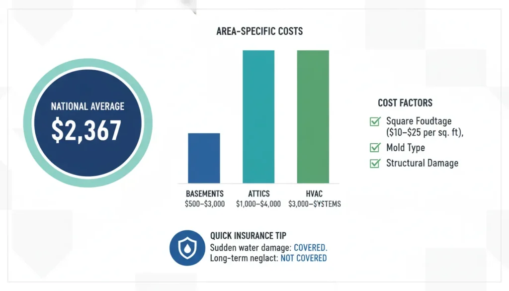 A professional 2026 price guide table and infographic showing average mold remediation costs ranging from $1,223 to $3,753, with specific estimates for attics, basements, and HVAC systems.