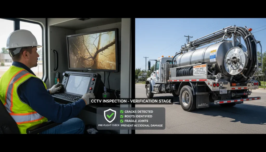 Professional plumbing technician performing a mandatory CCTV camera pipe inspection to check structural integrity before starting the high-pressure water jetting protocol.