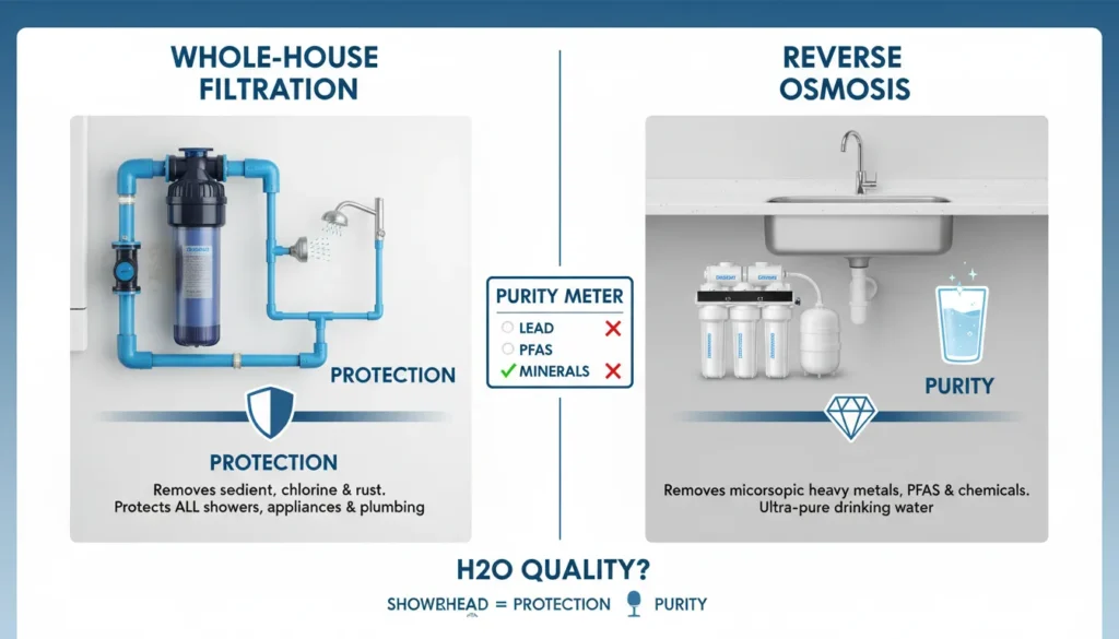 A side-by-side comparison infographic of residential water filtration methods, including Whole-House systems for appliances and Reverse Osmosis (RO) units for drinking water, showing contaminant removal levels.