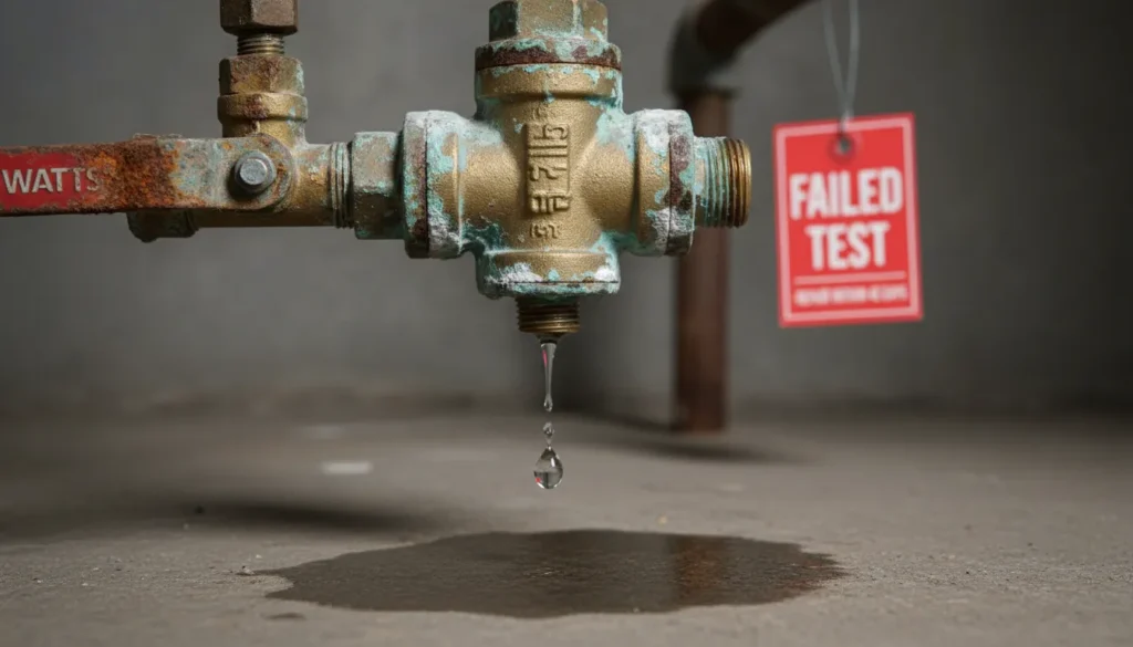 Close-up of a corroded and leaking commercial RPZ backflow preventer showing rust and mineral deposits on the relief valve.
