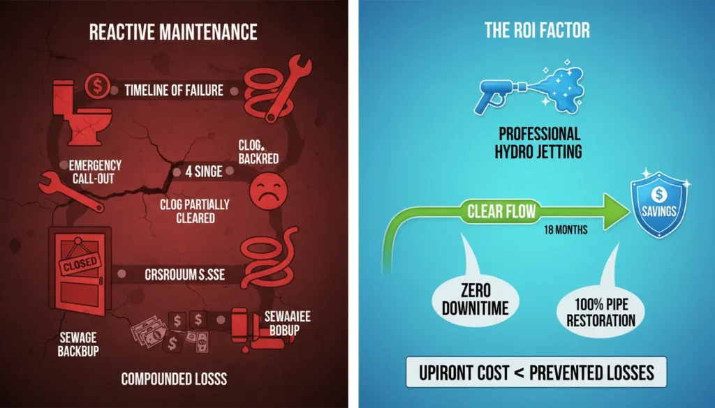 A side-by-side visual comparison of long-term savings from commercial hydro jetting versus the high recurring costs and emergency fees of standard drain snaking.
