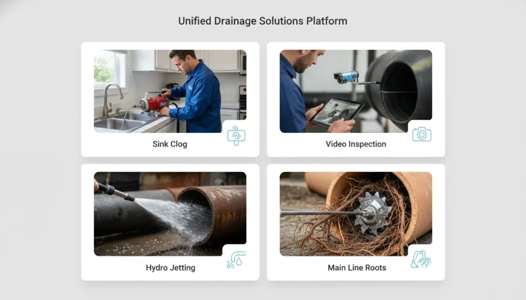 A composite infographic displaying EZ Plumbing’s full spectrum of drainage services in Miami, including mechanical snaking, CCTV camera inspection, high-pressure hydro jetting, and main sewer line root removal.
