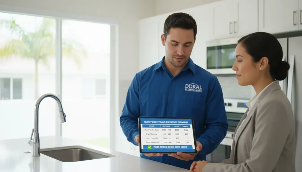 A professional plumber in Doral FL reviewing a transparent digital price list on a tablet with a customer, showing standardized market rates for plumbing services.