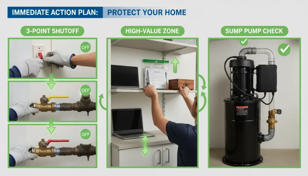 A step-by-step visual guide showing a homeowner turning off the main electrical breaker, shutting the gas valve, and moving valuable electronics to a high shelf during a flood alert.