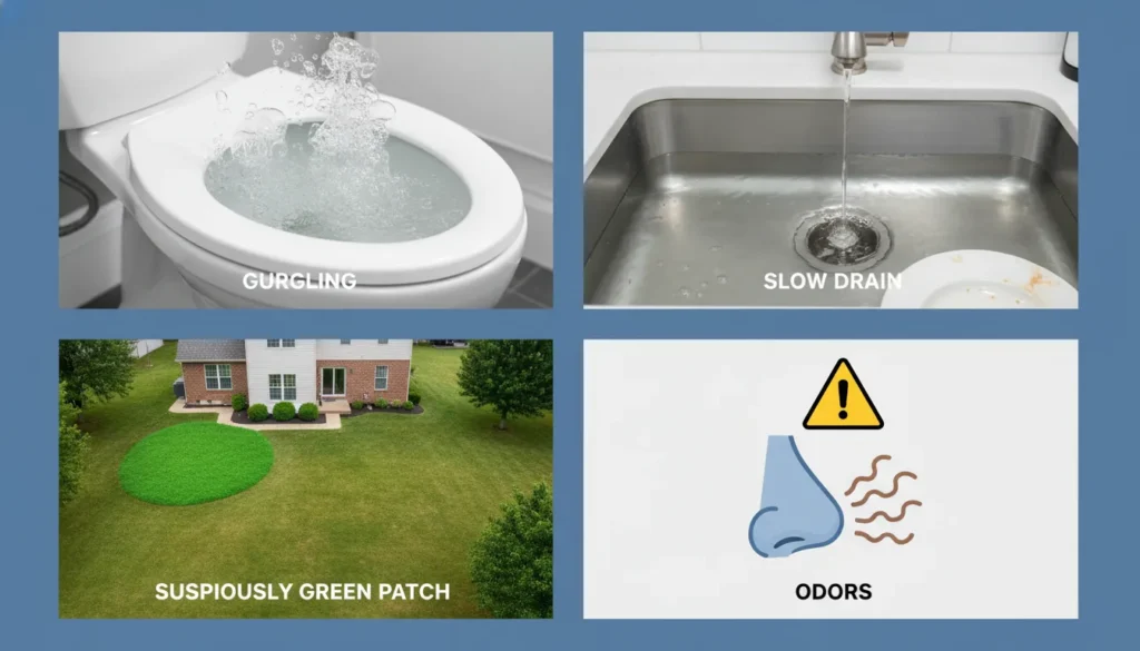 Infographic showing 4 common signs of a clogged main sewer line including gurgling toilets and slow drains.