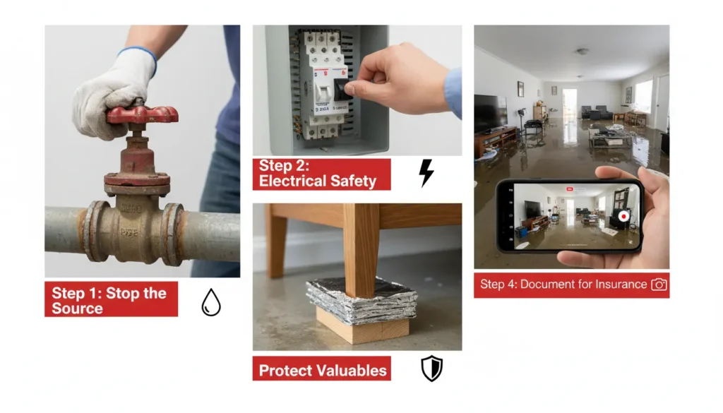 An instructional photo showing a homeowner turning off a main water valve and a professional technician documenting damage to prevent mold and structural loss.