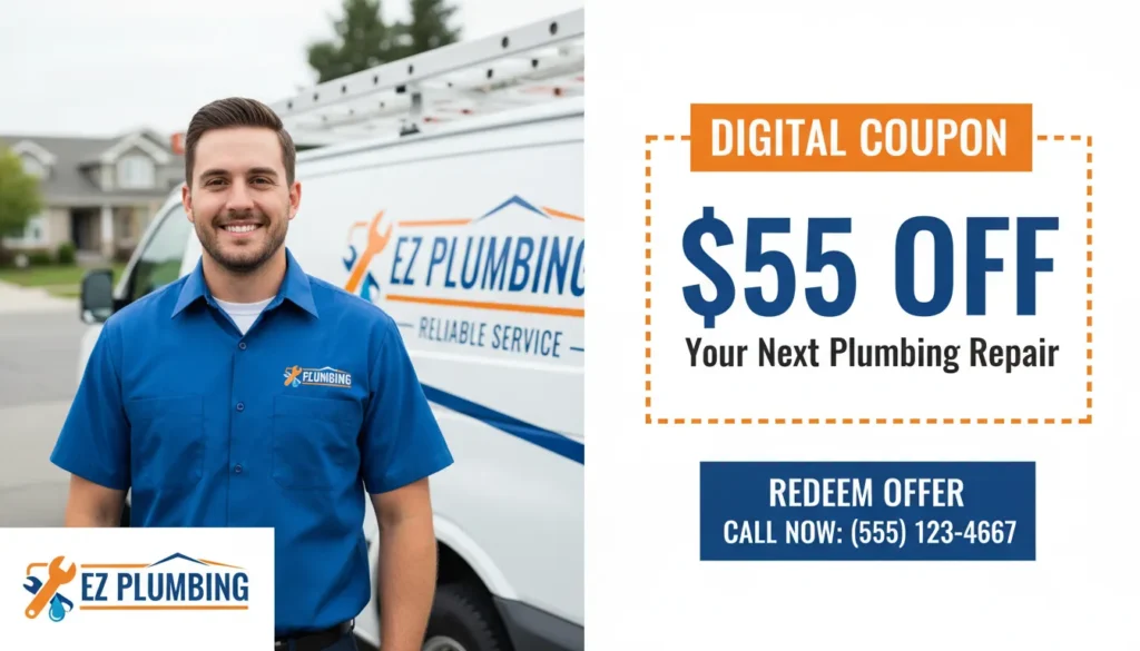 A professional plumber in a clean uniform points to a digital $55 discount coupon for plumbing repair services.