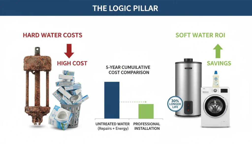 A professional side-by-side comparison of a clean water heater heating element and a corroded, scale-covered element, demonstrating the financial impact of hard water on home appliances.