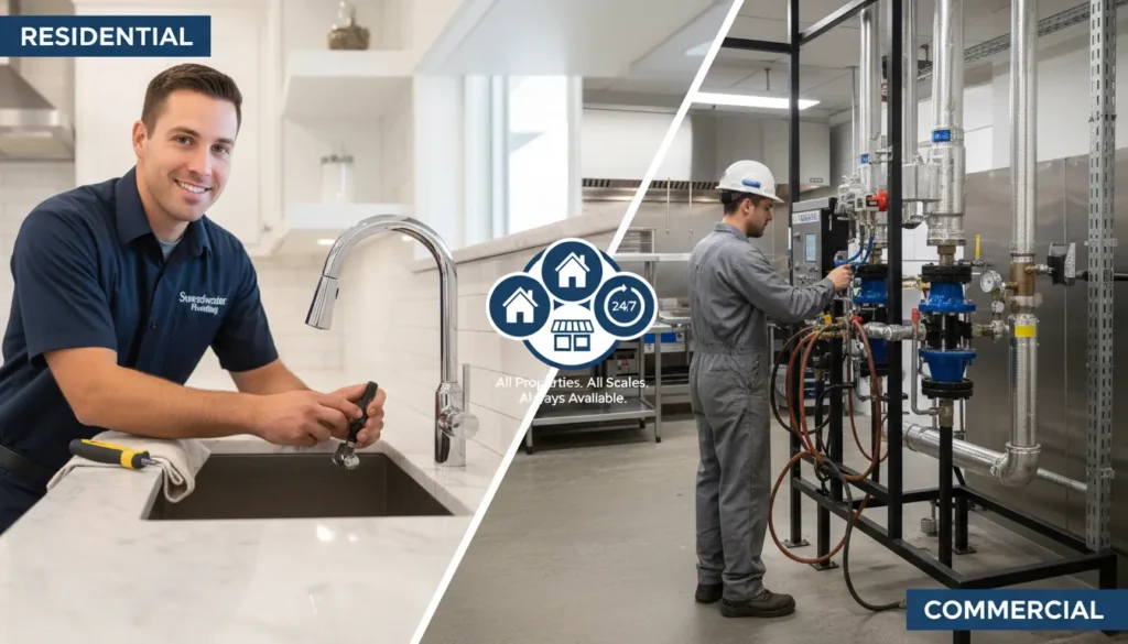 Split-screen photo showing a plumber repairing a kitchen sink in a Sweetwater home on the left, and a technician performing maintenance on a large commercial grease trap for a Sweetwater business on the right.