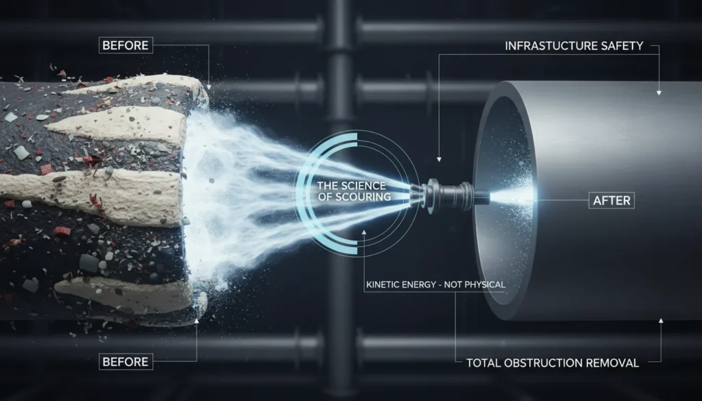 A professional high-pressure water jetting nozzle emitting a 360-degree scouring spray inside a commercial pipe to remove scale and debris while protecting the pipe walls.
