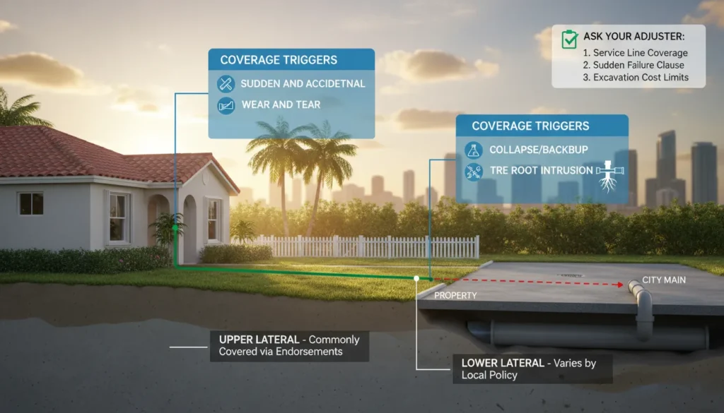 An educational diagram showing a house and a street-level sewer line, illustrating which sections of the pipe are typically covered by homeowners insurance versus those that are the owner's responsibility.