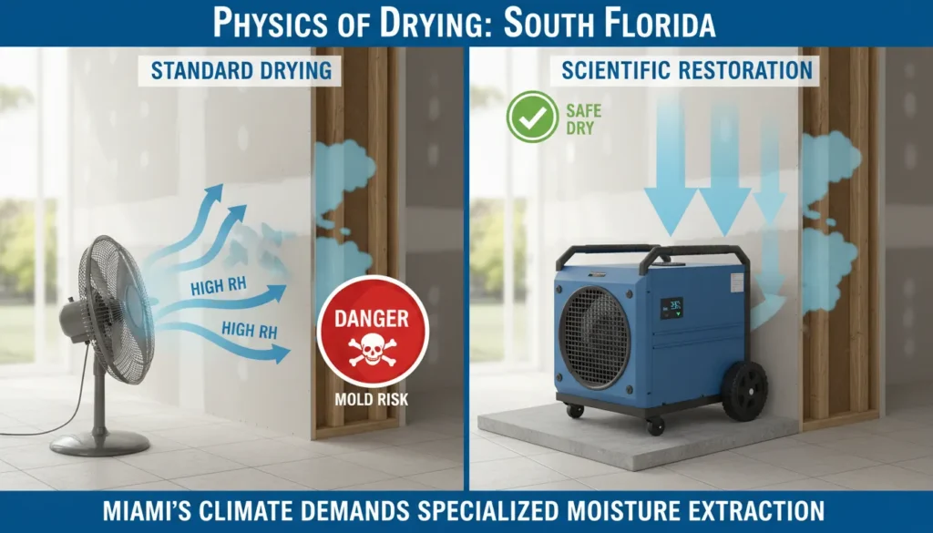 Side-by-side comparison showing a standard household fan failing to evaporate moisture in high Miami humidity versus an industrial LGR dehumidifier extracting deep-seated water from a building's structure.
