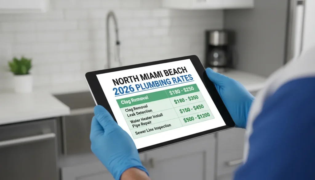 A detailed 2026 plumbing price chart for North Miami Beach showing estimated costs for drain cleaning, leak detection, and water heater services on a digital tablet held by a professional plumber.