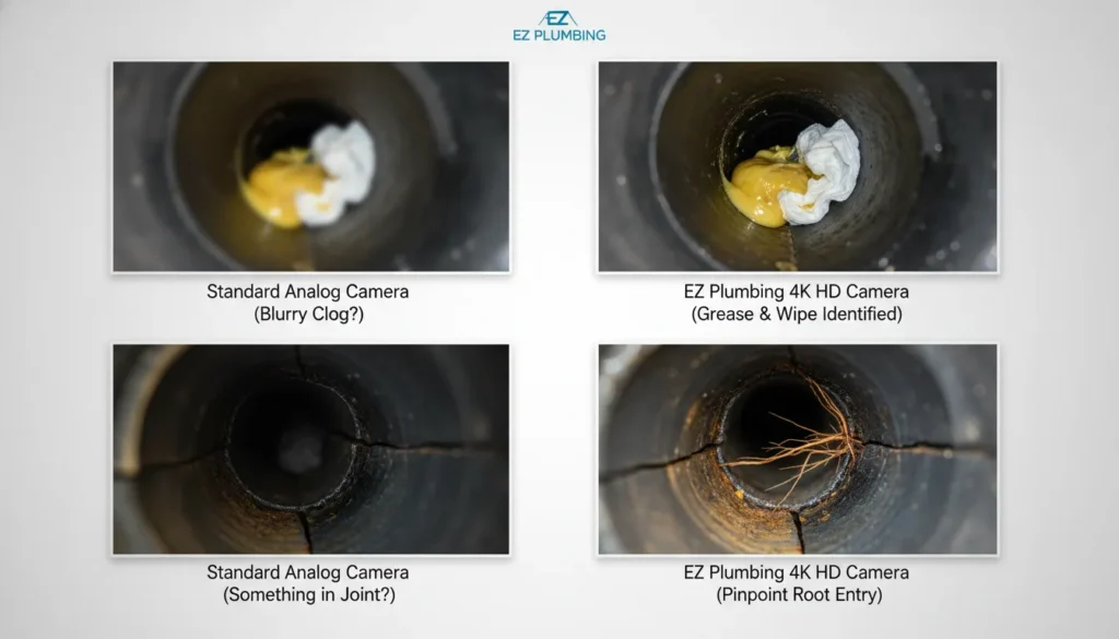 A side-by-side comparison matrix showing the difference between a blurry analog sewer camera and EZ Plumbing's 4K HD precision detection of roots, grease, and wipes.