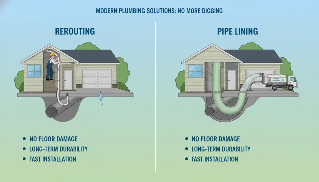 A side-by-side comparison diagram of a house showing two non-invasive slab leak repair methods: copper pipe rerouting through the attic and trenchless epoxy pipe lining inside existing underground pipes.