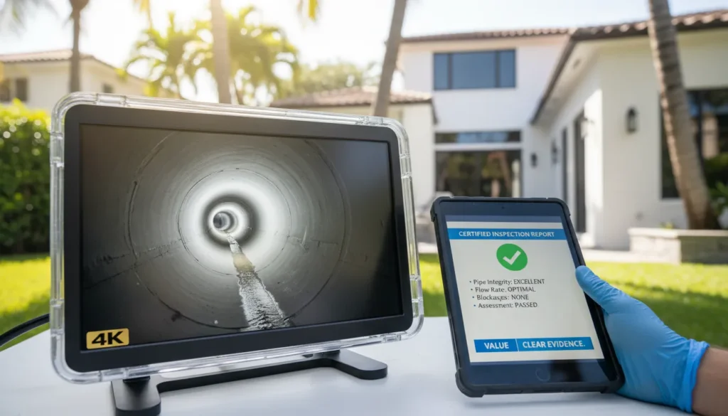 A professional 4K sewer camera monitor and digital diagnostic report showing the cost-effective results of a video pipe inspection in Miami.