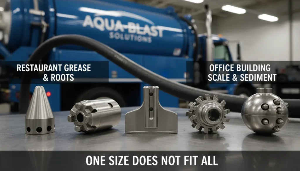 Close-up of various industrial hydro jetting nozzle heads used for clearing grease, roots, and scale from diverse commercial plumbing infrastructures.