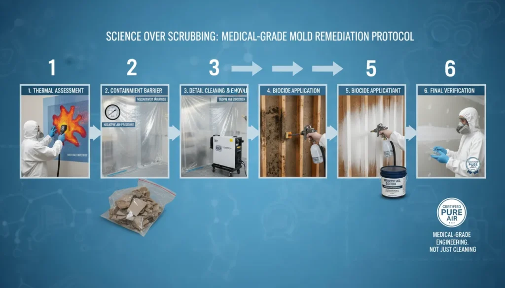 An industrial-grade 7-step mold remediation flowchart showing containment zones, HEPA air scrubbing, moisture mapping with thermal cameras, and antimicrobial treatment on structural studs.