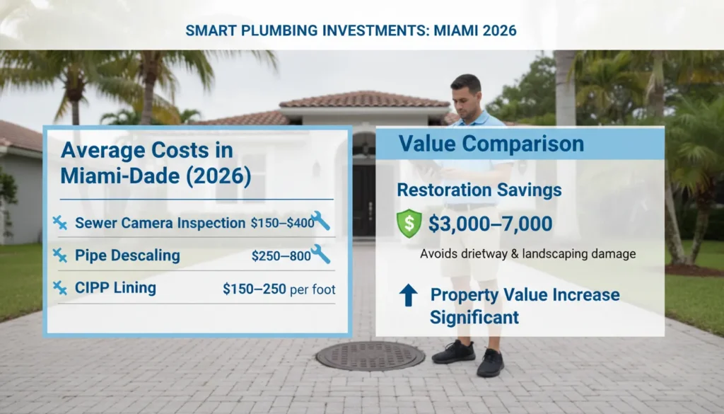 A comprehensive cost comparison chart for trenchless pipe repair in Miami, Florida, showing average pricing for camera inspections, pipe lining, and full sewer restoration for 2026.