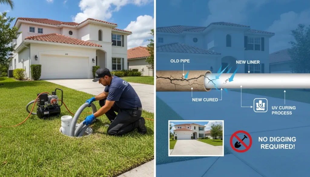 Professional plumber demonstrating trenchless sewer line repair using no-dig epoxy pipe lining technology to fix underground pipes in Doral.