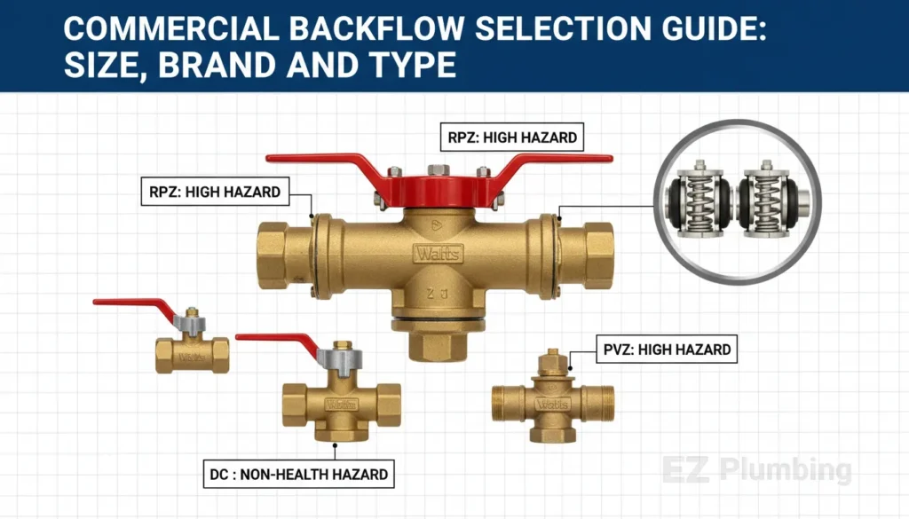 Technical comparison chart of Watts 2-inch RPZ and Double Check Valve assemblies for commercial plumbing compliance.
